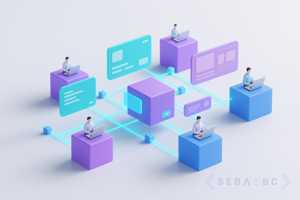 Ilustración conceptual de Headless Commerce con sistemas desacoplados y colaboración digital